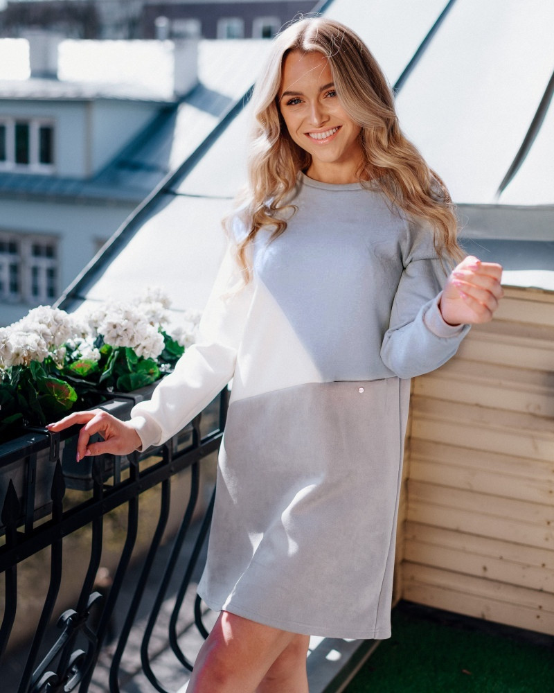 GEOMETRIC SUEDE DRESS GREY WHITE