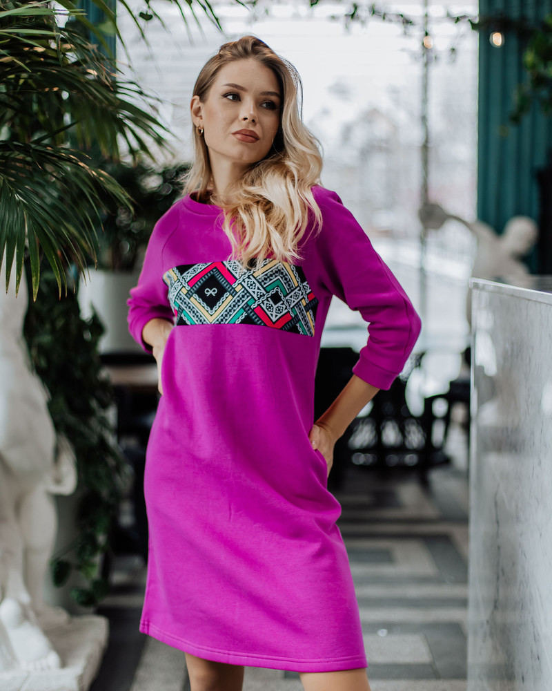 COLORFUL ETHNIC QUARTER POCKET DRESS FUCHSIA