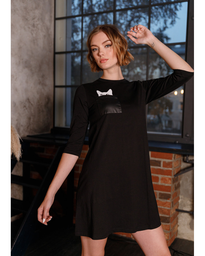 KITTY IN POCKET 3/4 SLEEVES DRESS BLACK