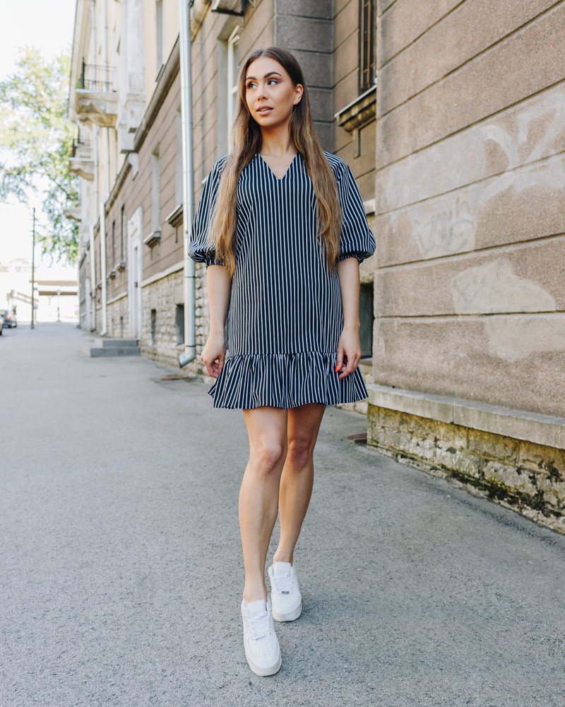 STRIPE PUFF FRILL MINI DRESS BLACK