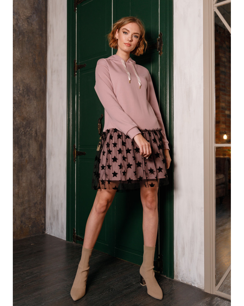 STAR MESH HOODED DRESS PLUM