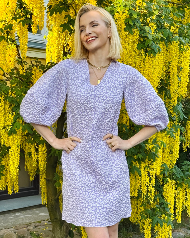 PUFF SLEEVE MINI DRESS JACQUARD LILAC