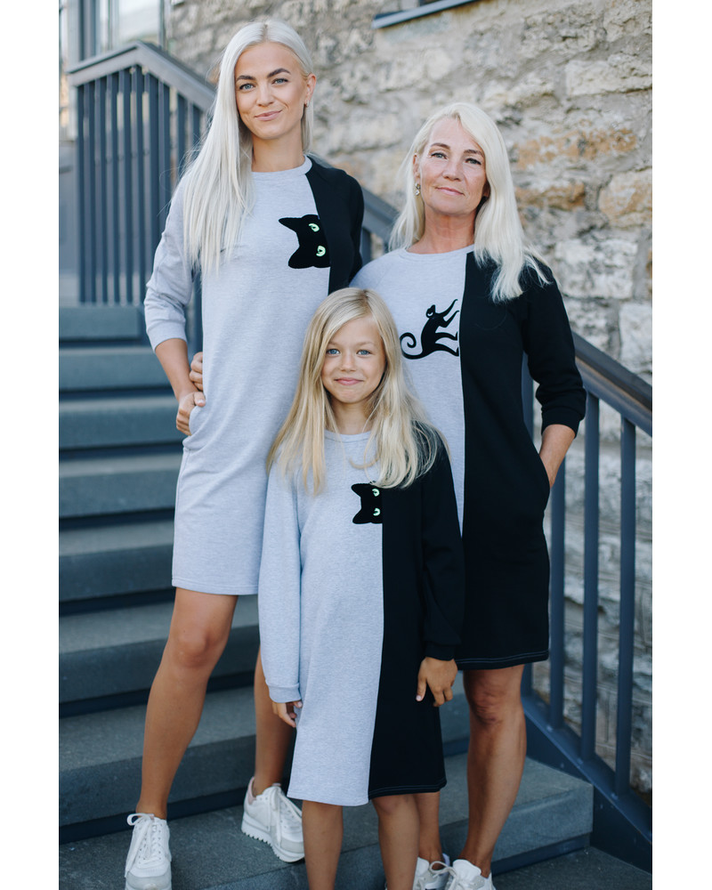 PEEK-A-BOO CAT KIDS SWEATER DRESS GREY