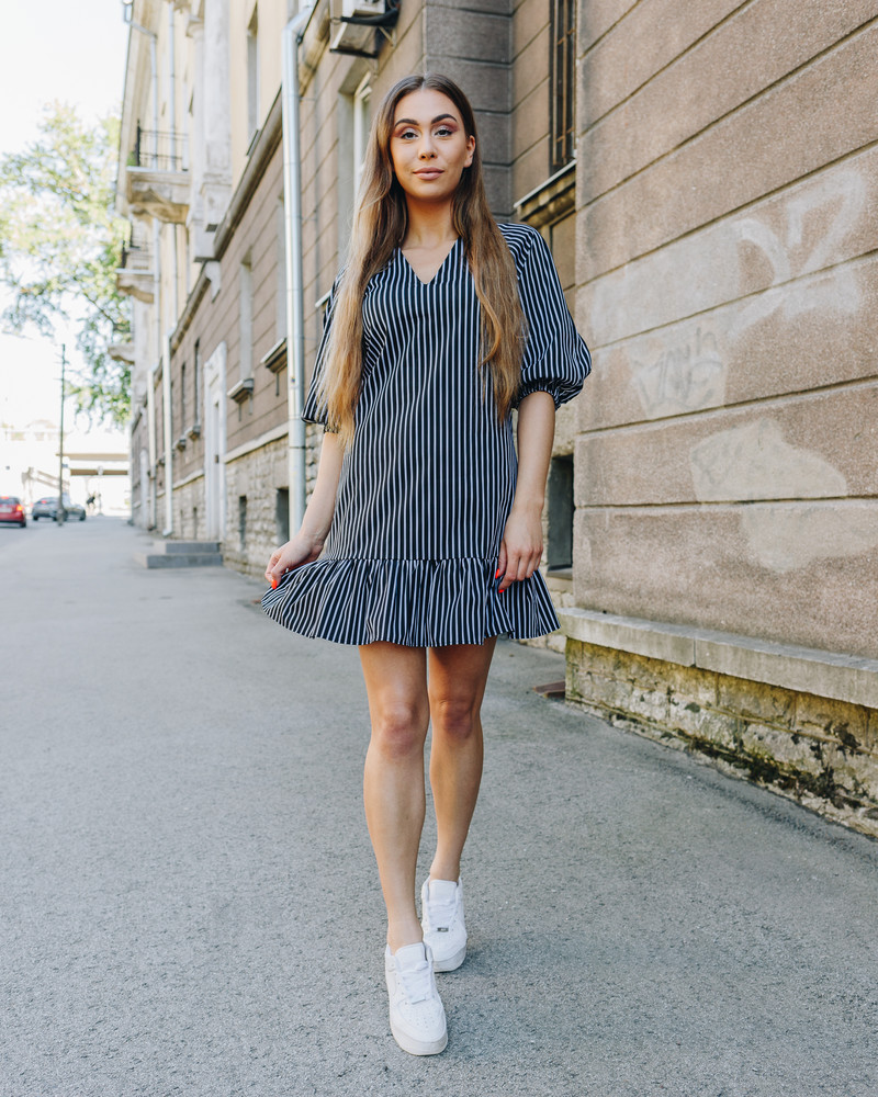 STRIPE PUFF FRILL MINI DRESS BLACK