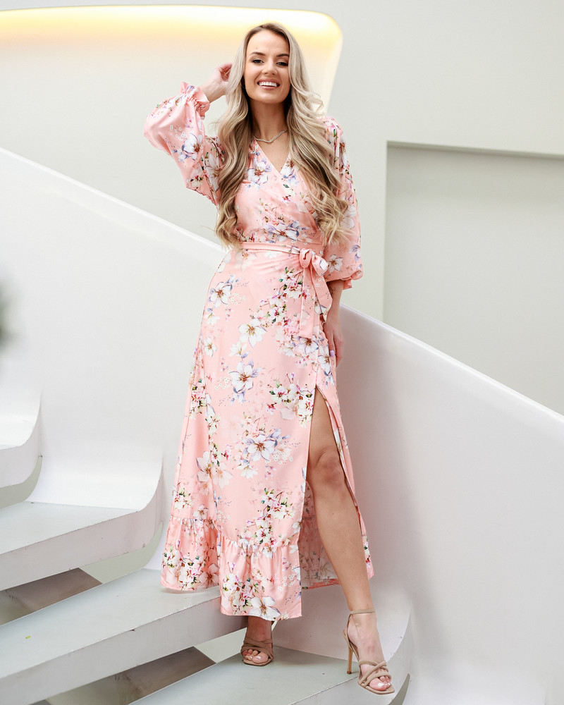 WRAP LONG DRESS SILKY FLOWER PEACHY