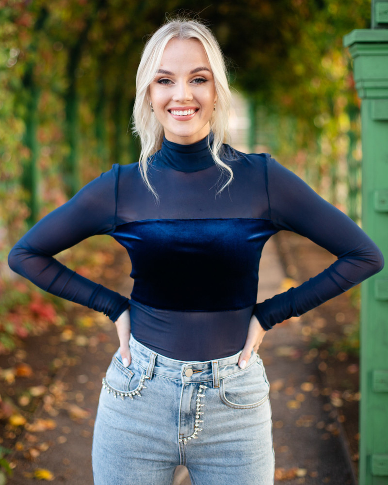 MESH TURTLENECK BLOUSE NAVY BLUE