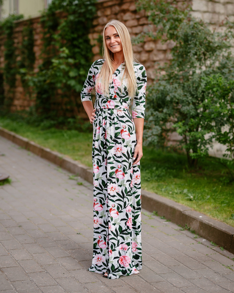 PINK PEONY MAXI ELEGANT DRESS AQUA