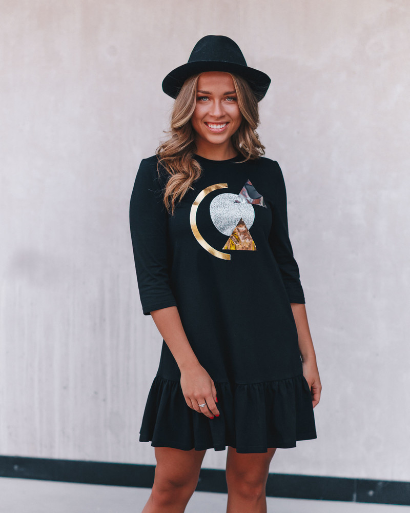 SPARKLE GOLD ABSTRACT FRILL DRESS BLACK