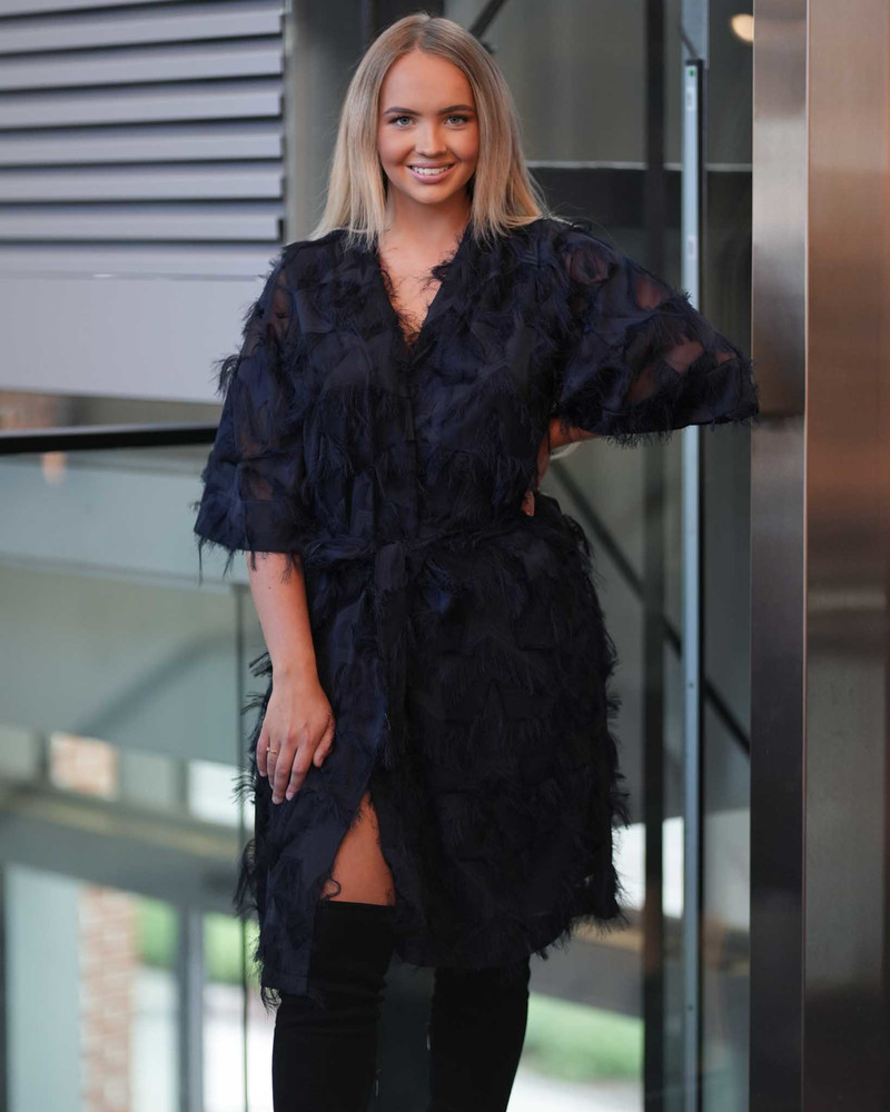 KIMONO FRINGE DRESS NAVY BLUE