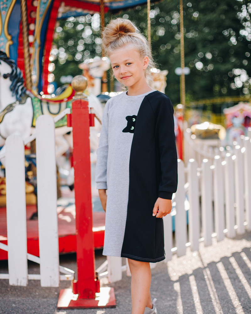 PEEK-A-BOO CAT KIDS SWEATER DRESS GREY