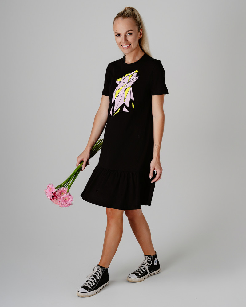 COLORFUL WOLF FRILL DRESS SHORT SLEEVE BLACK