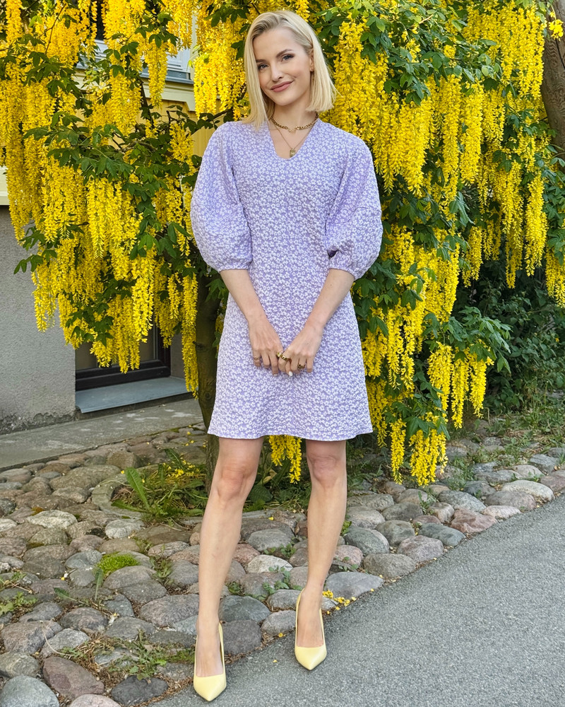 PUFF SLEEVE MINI DRESS JACQUARD LILAC