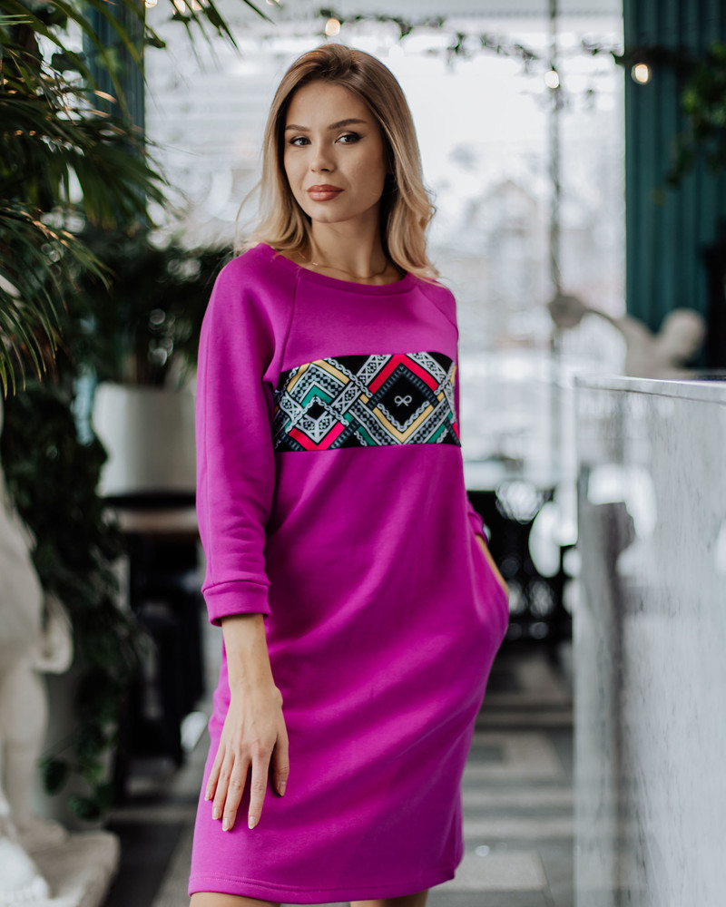 COLORFUL ETHNIC QUARTER POCKET DRESS FUCHSIA