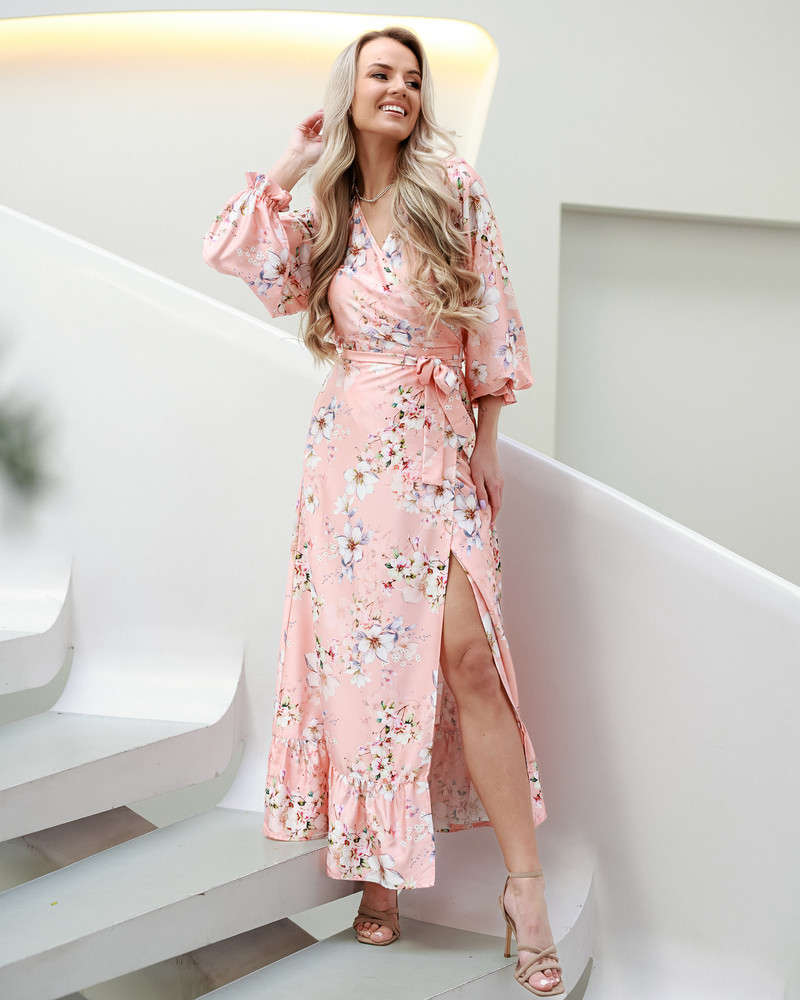 WRAP LONG DRESS SILKY FLOWER PEACHY