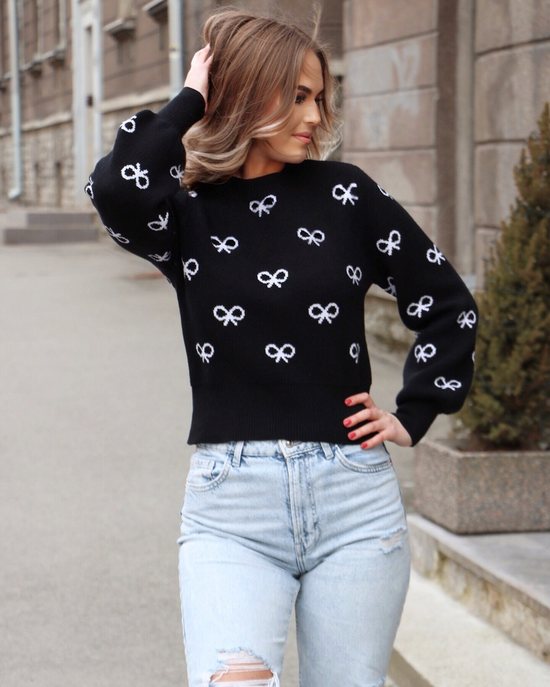 WHITE BOW KNIT SWEATER BLACK