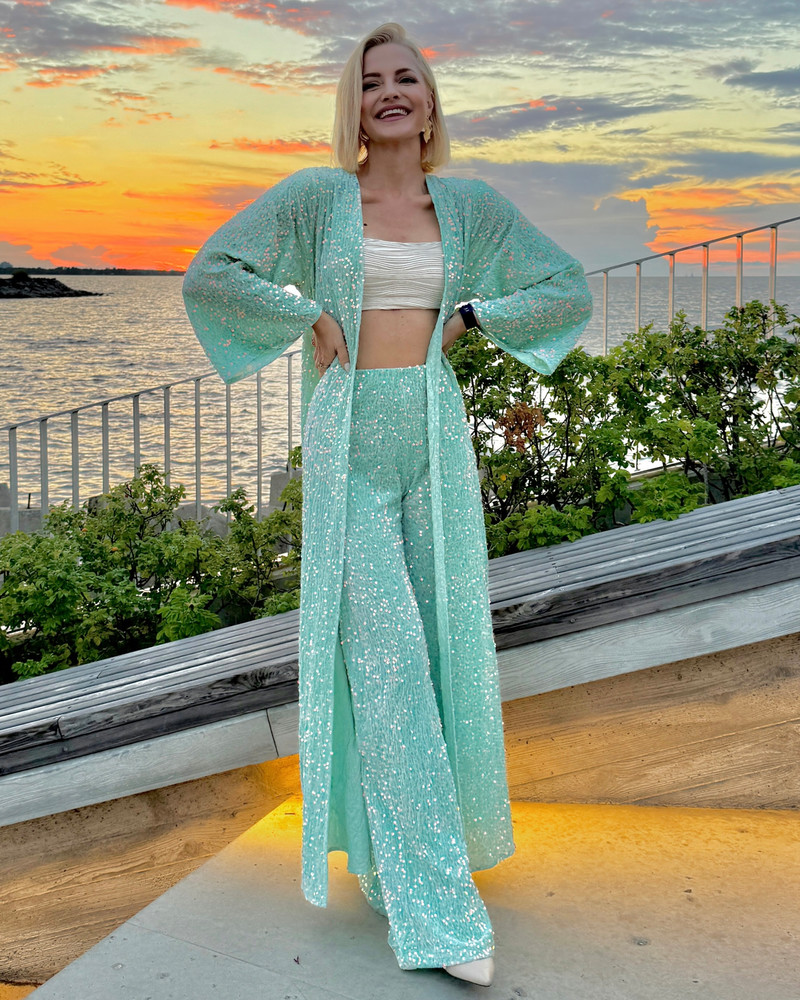 SEQUIN FLYAWAY KIMONO MINT