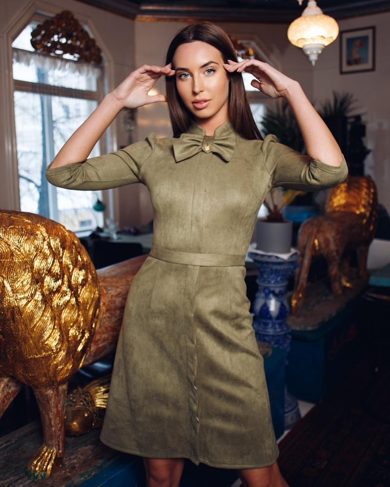 BOW SUEDE DRESS OLIVE GREEN