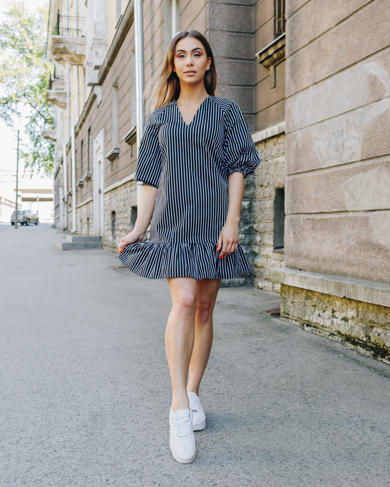 STRIPE PUFF FRILL MINI DRESS BLACK