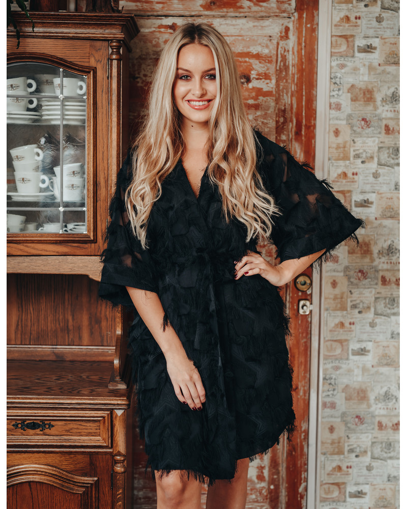 KIMONO FRINGE DRESS BLACK