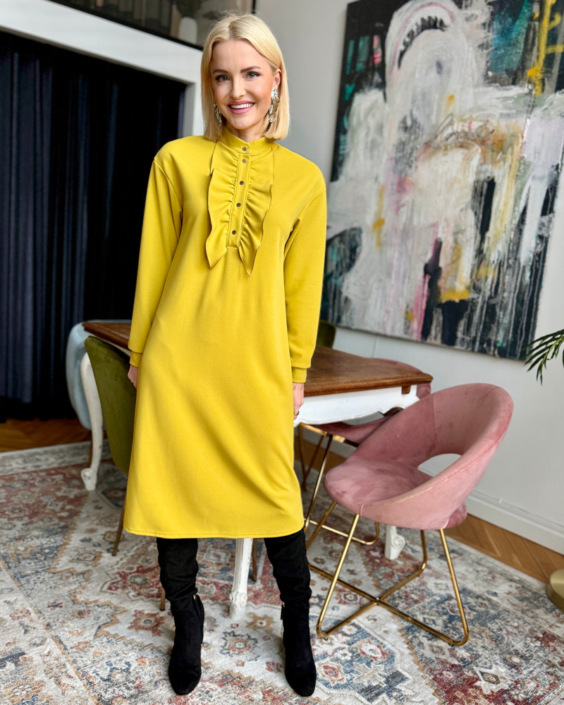 FRILL RIVETED DRESS MUSTARD