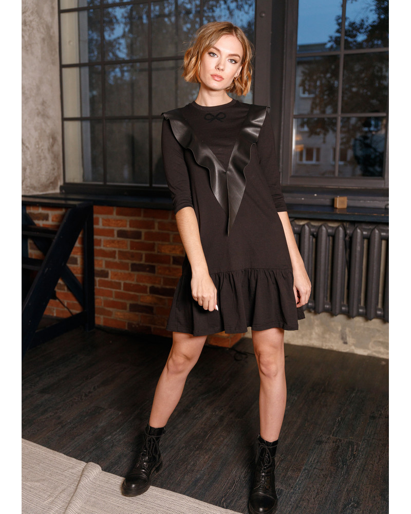 LEATHER BOW FRILL DRESS BLACK