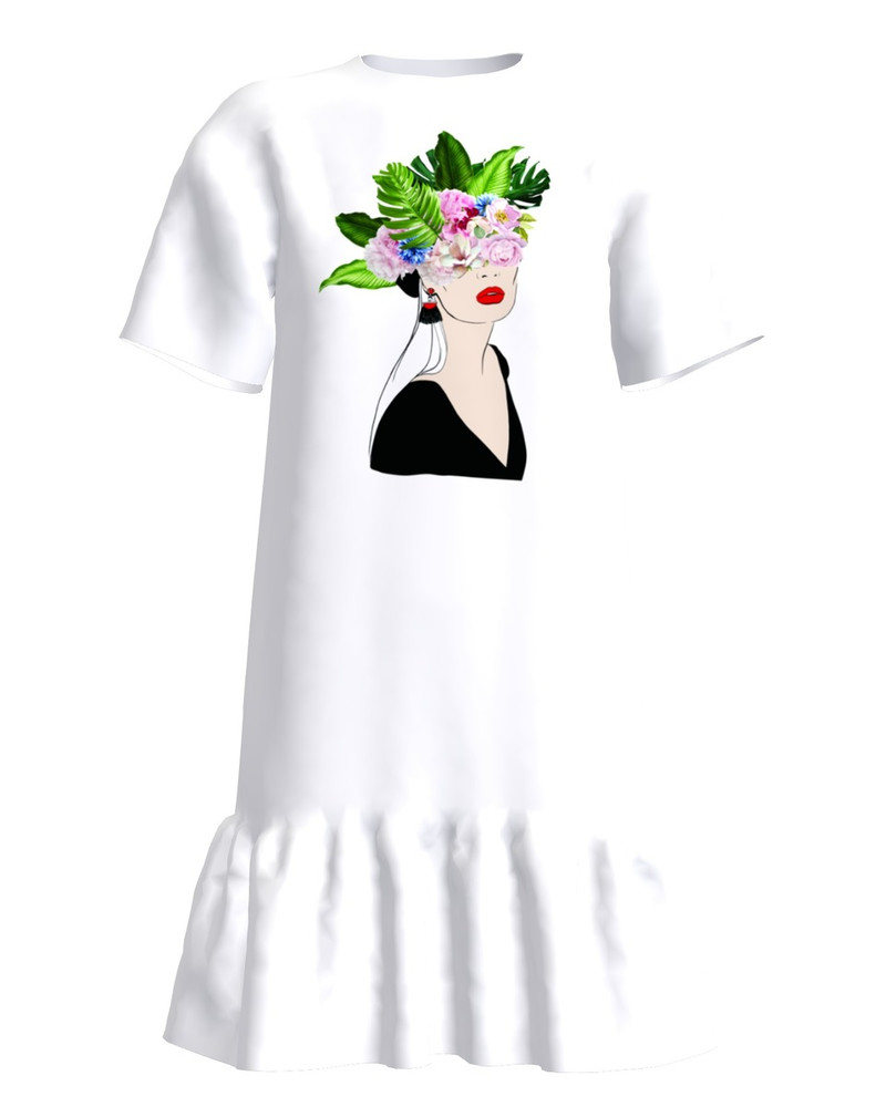 FLORAL HEAD FRILL DRESS WHITE