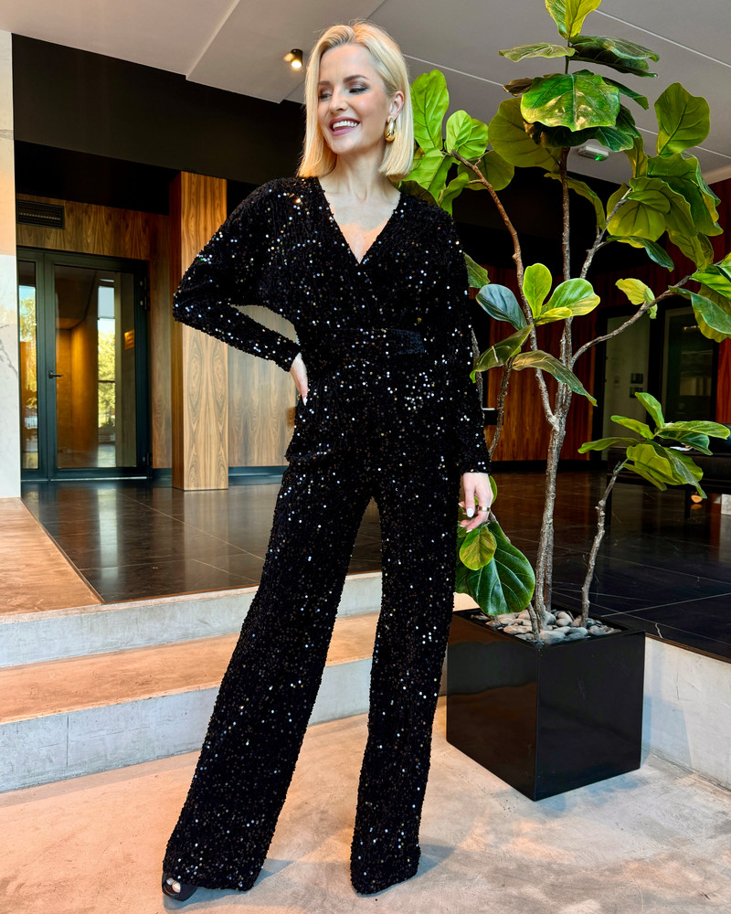 WRAP SEQUIN JUMPSUIT BLACK