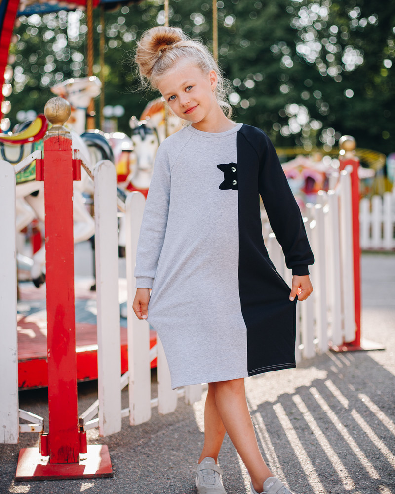 PEEK-A-BOO CAT KIDS SWEATER DRESS GREY