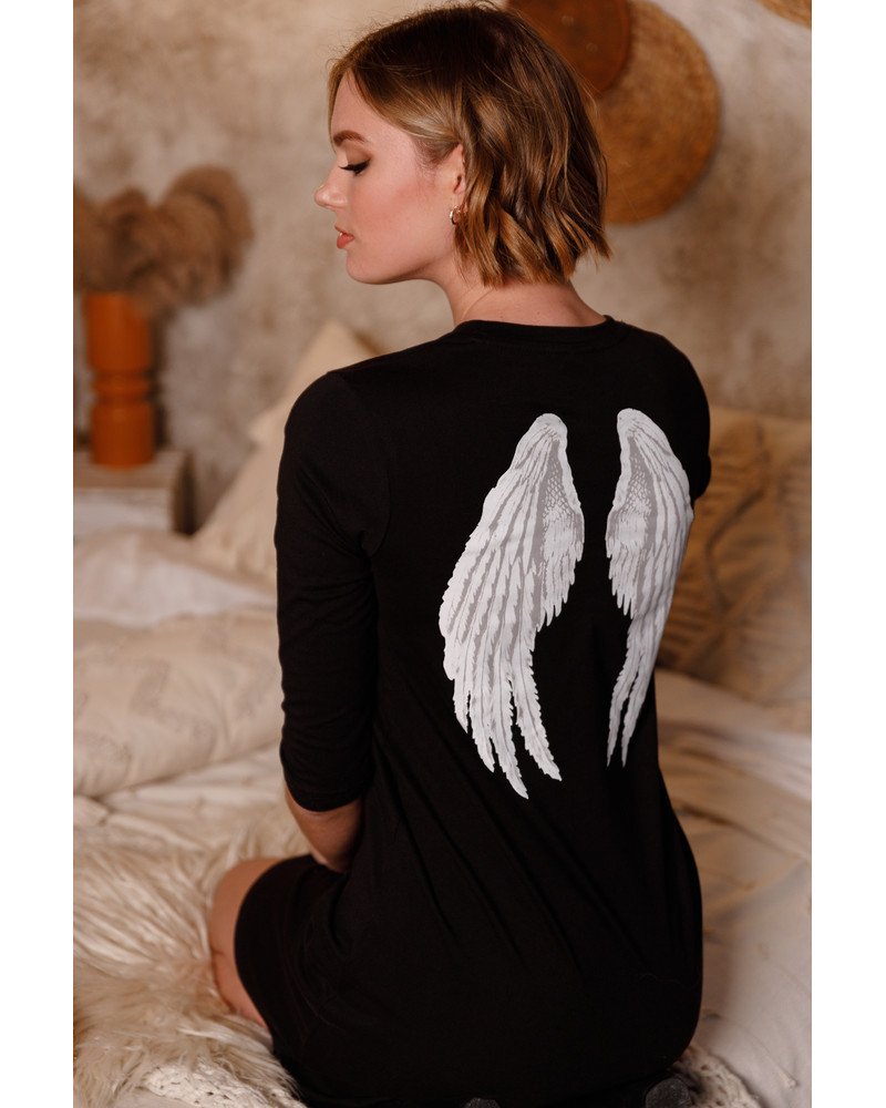 3/4 SLEEVES ANGEL PRINT DRESS BLACK