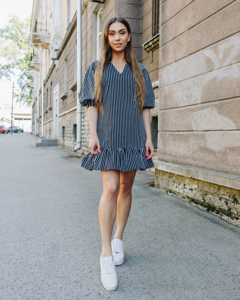 STRIPE PUFF FRILL MINI DRESS BLACK