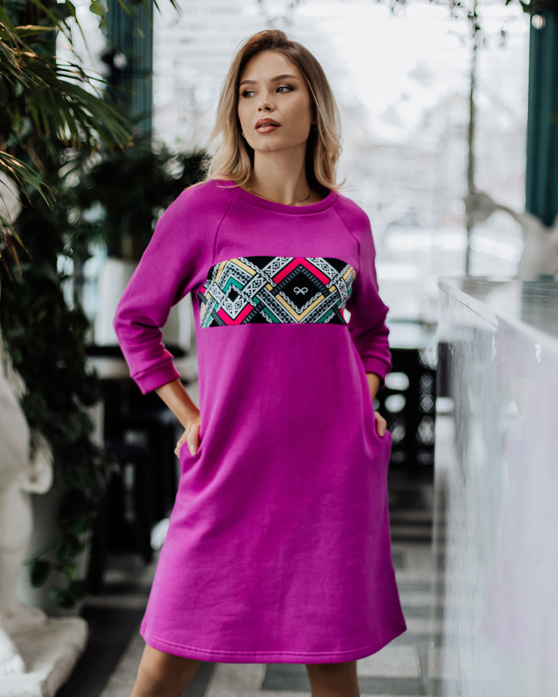 COLORFUL ETHNIC QUARTER POCKET DRESS FUCHSIA