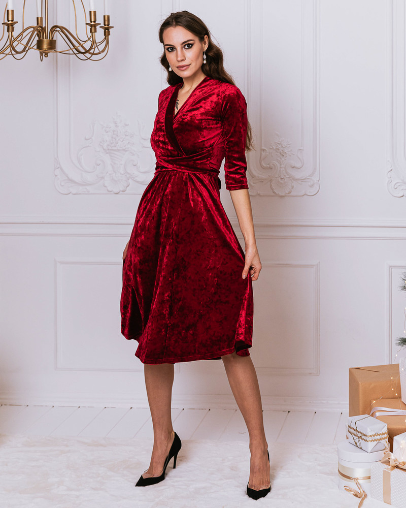 ELEGANT VELVET MIDI DRESS PATCHY RED