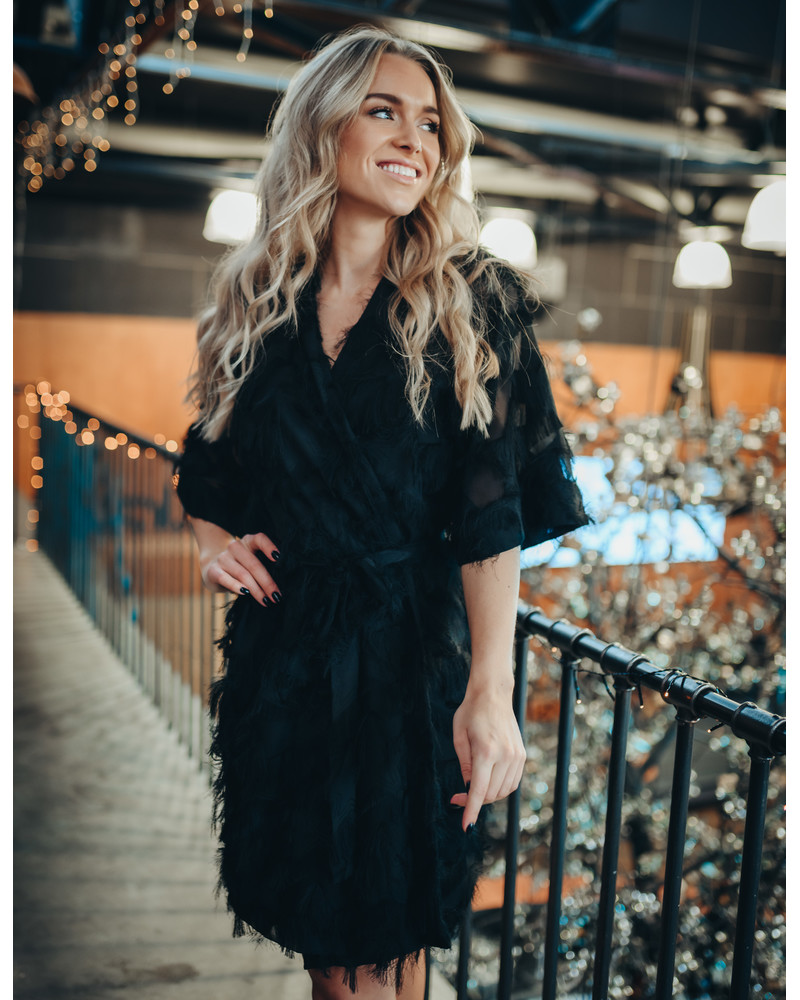 KIMONO FRINGE DRESS BLACK