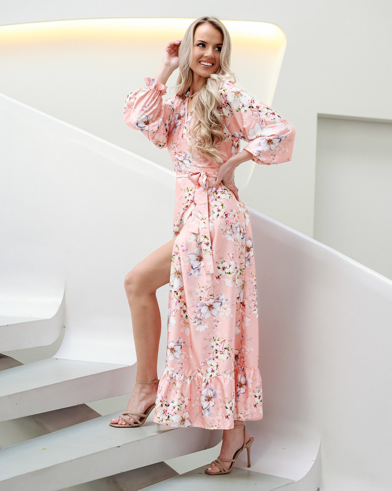 WRAP LONG DRESS SILKY FLOWER PEACHY