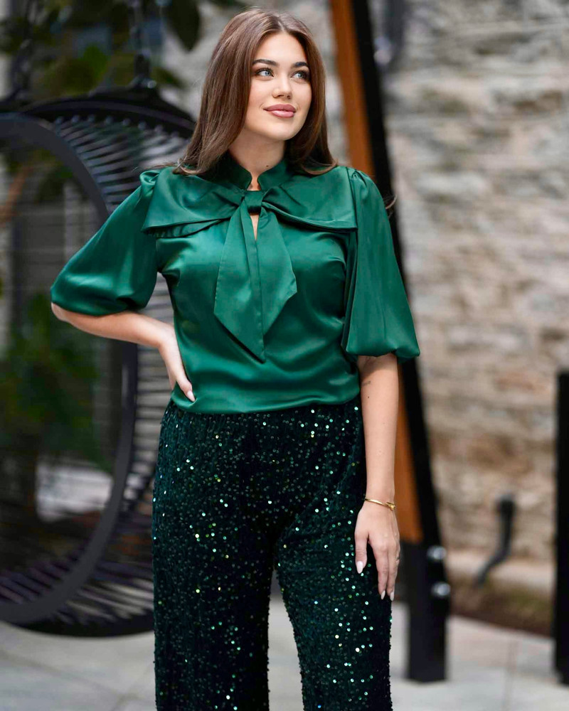 BIG BOW SILKY BLOUSE GREEN