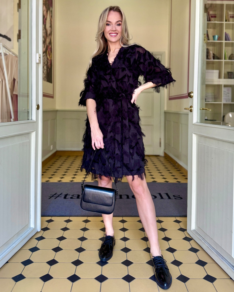 KIMONO FRINGE DRESS BLACK