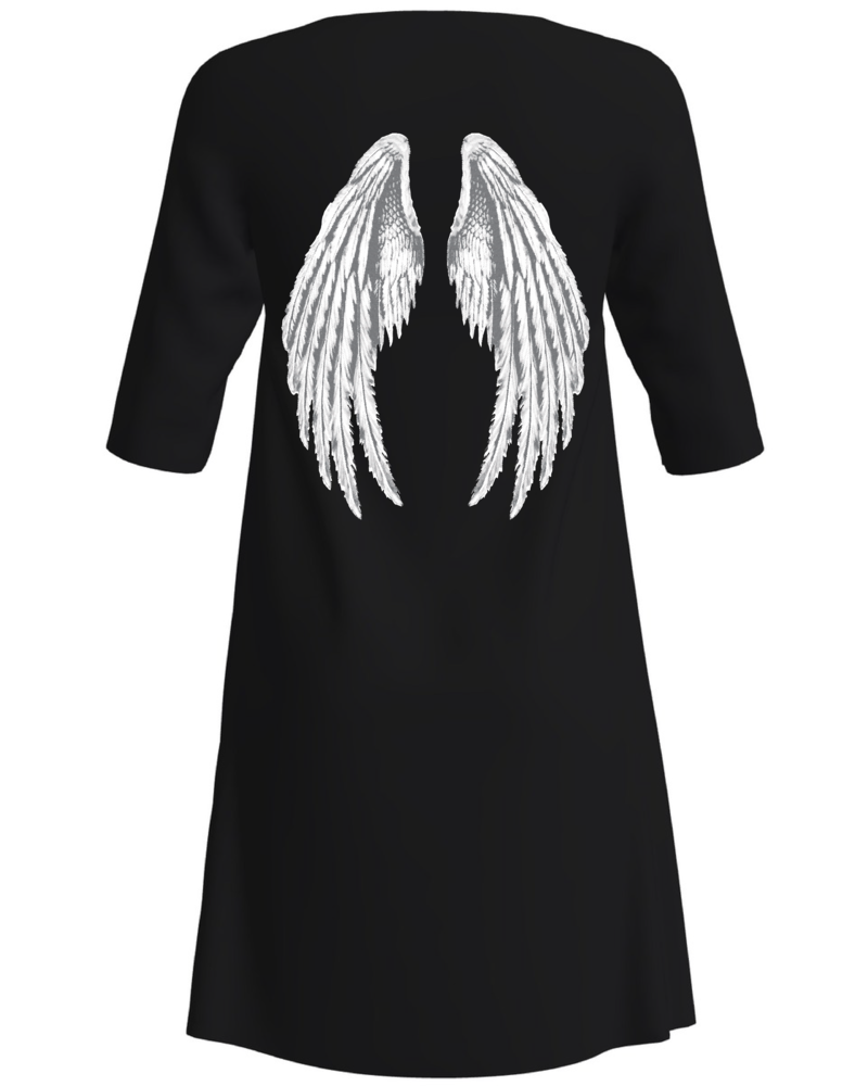 3/4 SLEEVES ANGEL PRINT DRESS BLACK