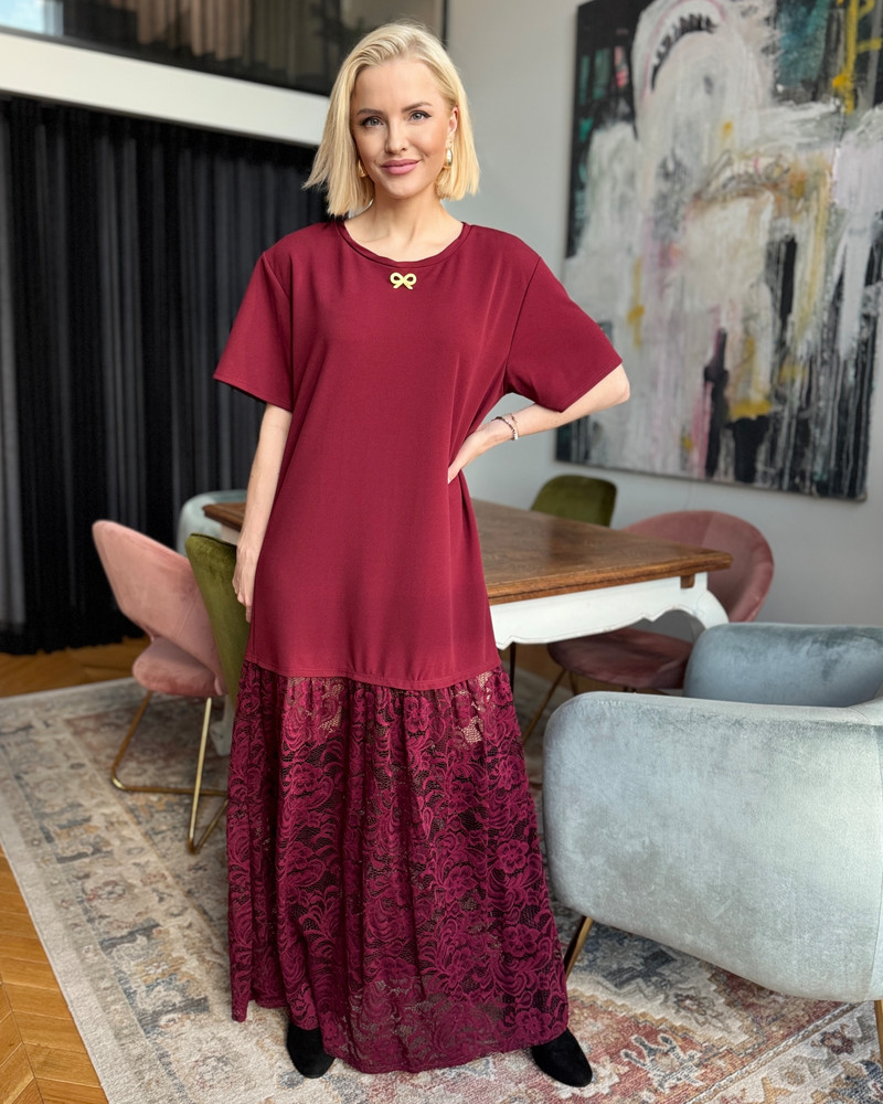 DOLLS LACE SHIRT MAXI DRESS BORDEAUX