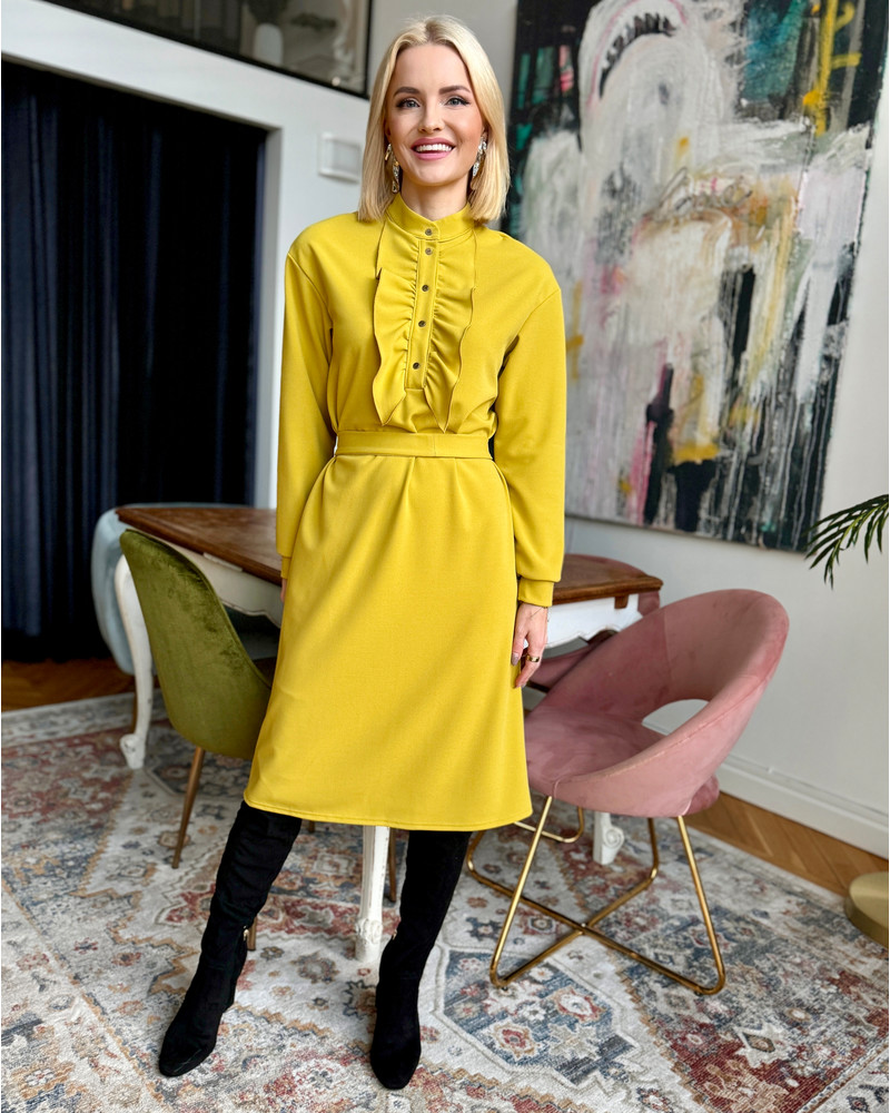 FRILL RIVETED DRESS MUSTARD