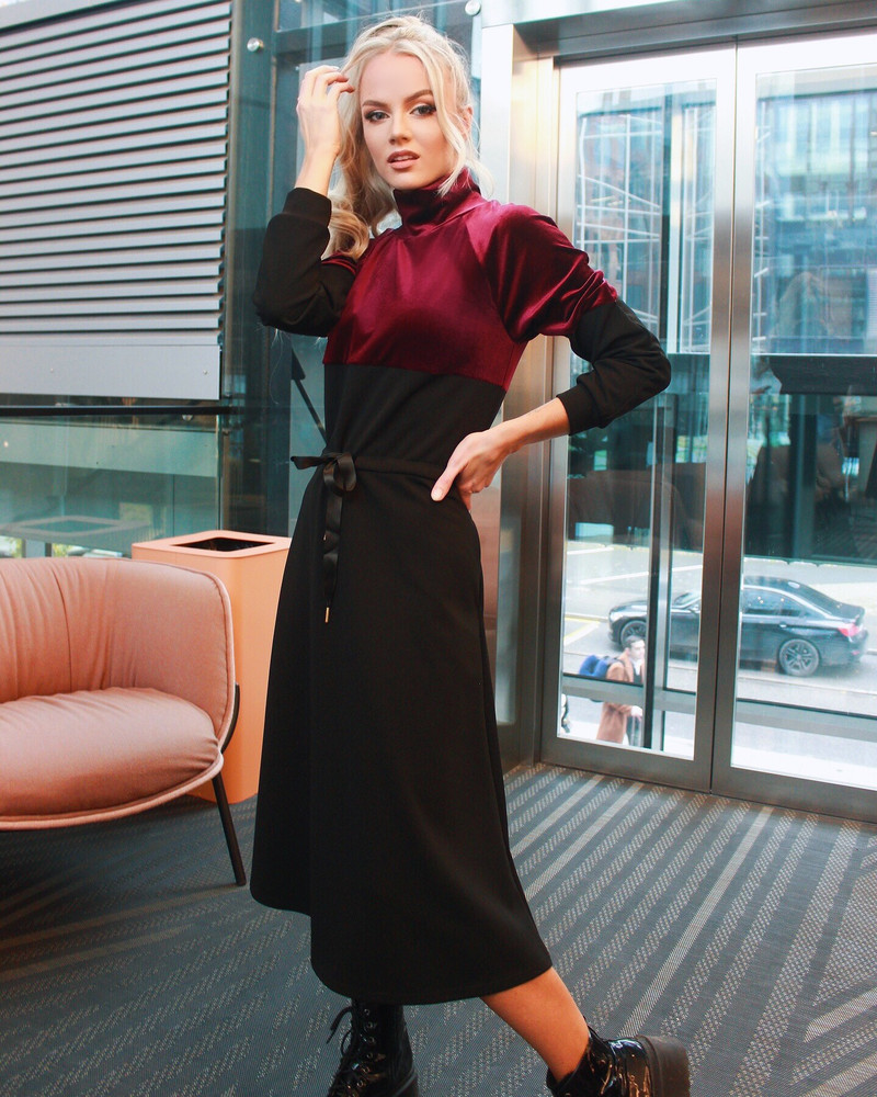 TURTLENECK JUMPER MIDI DRESS BORDEAUX BLACK