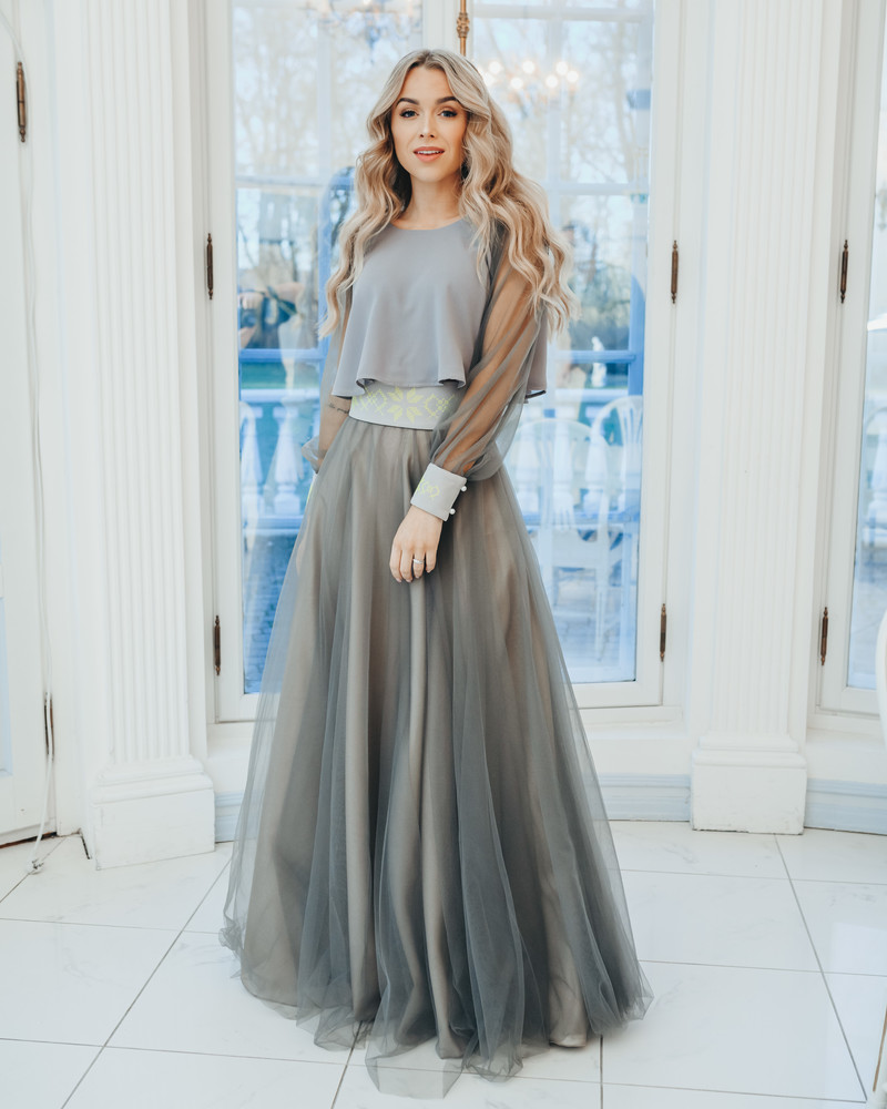 GREY MESH MAXI SKIRT WITH LIME EMBROIDERY BELT