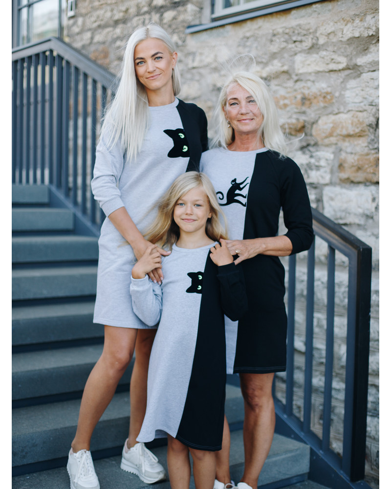 PEEK-A-BOO CAT KIDS SWEATER DRESS GREY