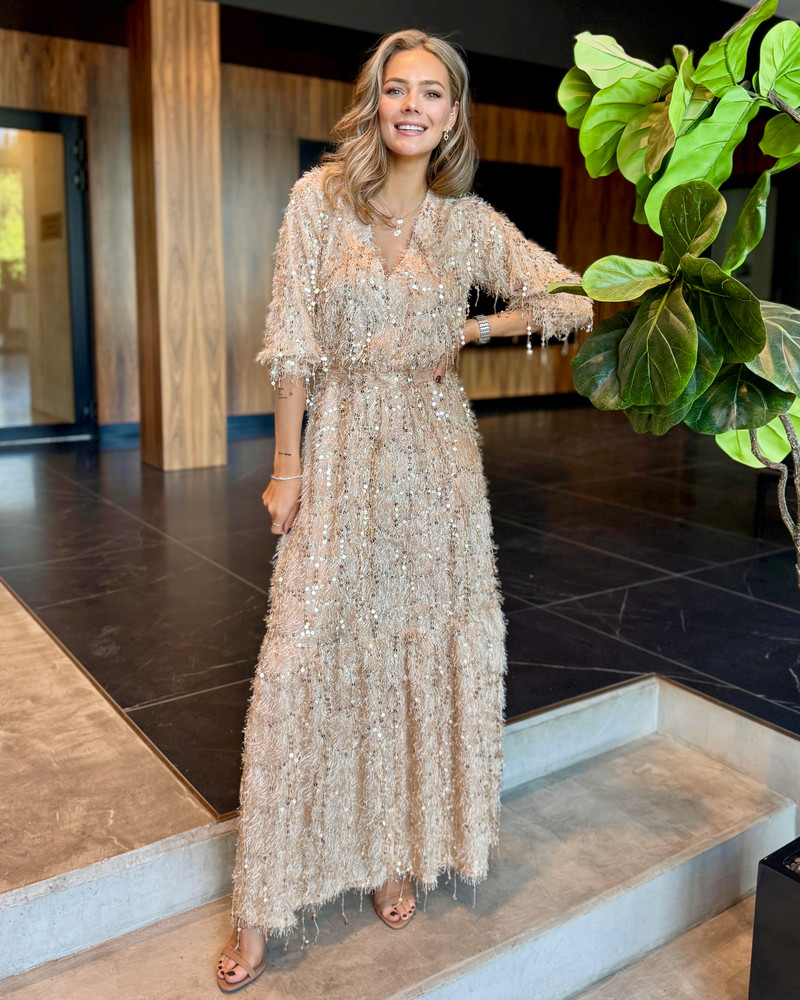 SEQUIN COMET MAXI DRESS BEIGE