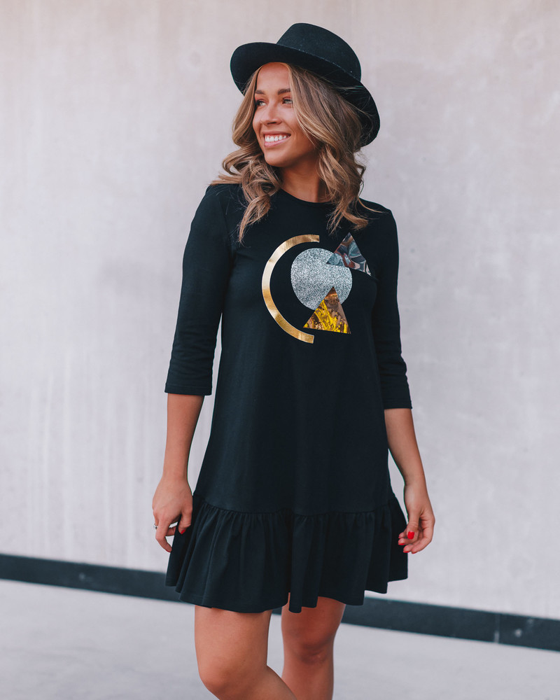 SPARKLE GOLD ABSTRACT FRILL DRESS BLACK