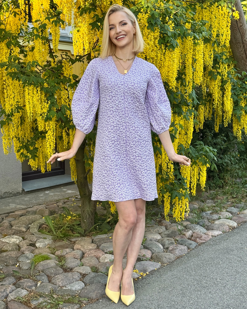 PUFF SLEEVE MINI DRESS JACQUARD LILAC