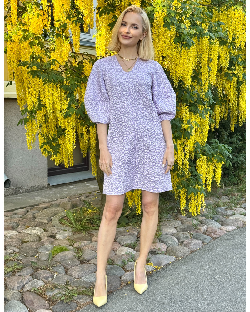 PUFF SLEEVE MINI DRESS JACQUARD LILAC