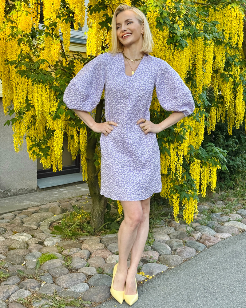 PUFF SLEEVE MINI DRESS JACQUARD LILAC