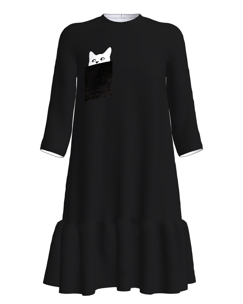 KITTY PRINT FRILL DRESS BLACK
