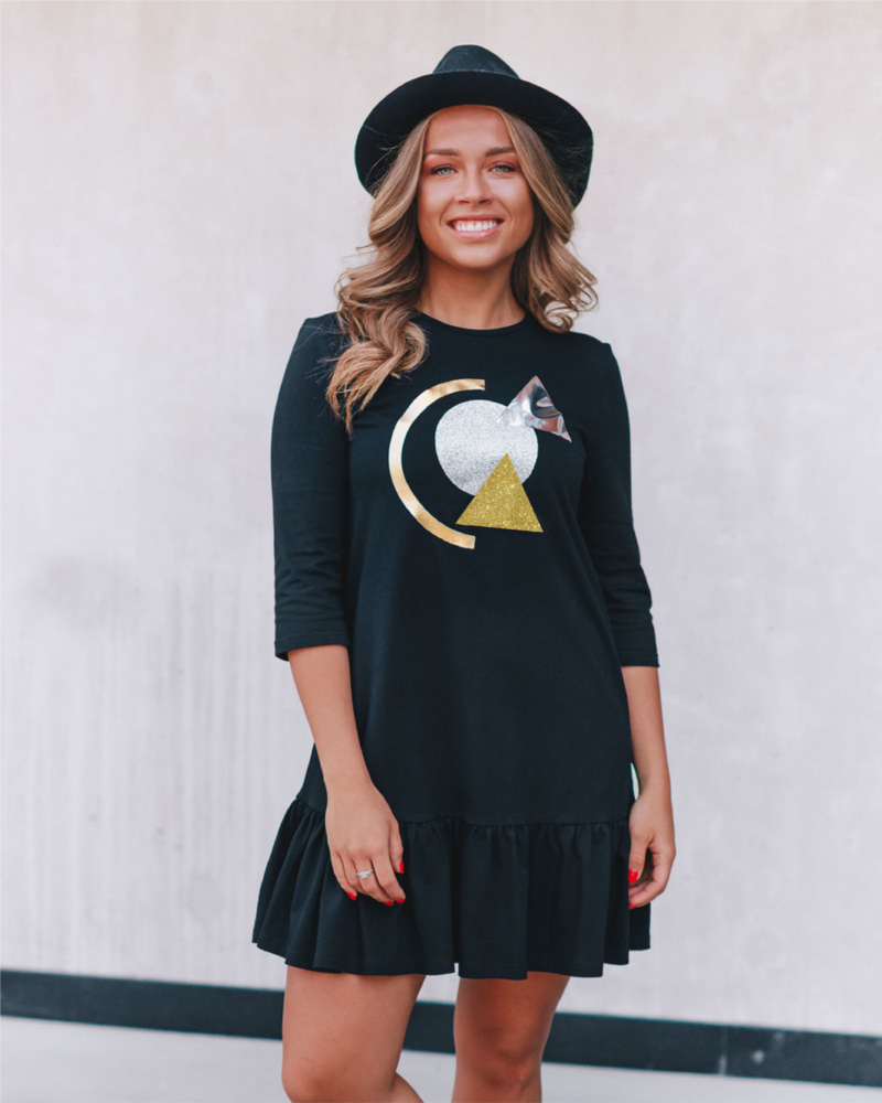SPRCLE GOLD ABSTRACT FRILL DRESS BLACK