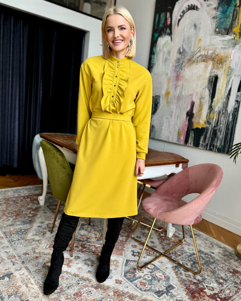 FRILL RIVETED DRESS MUSTARD